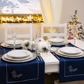 Bieżnik świąteczny Jodełka – Granat srebro