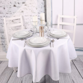 Okrągły biały obrus ze srebrną lamówką